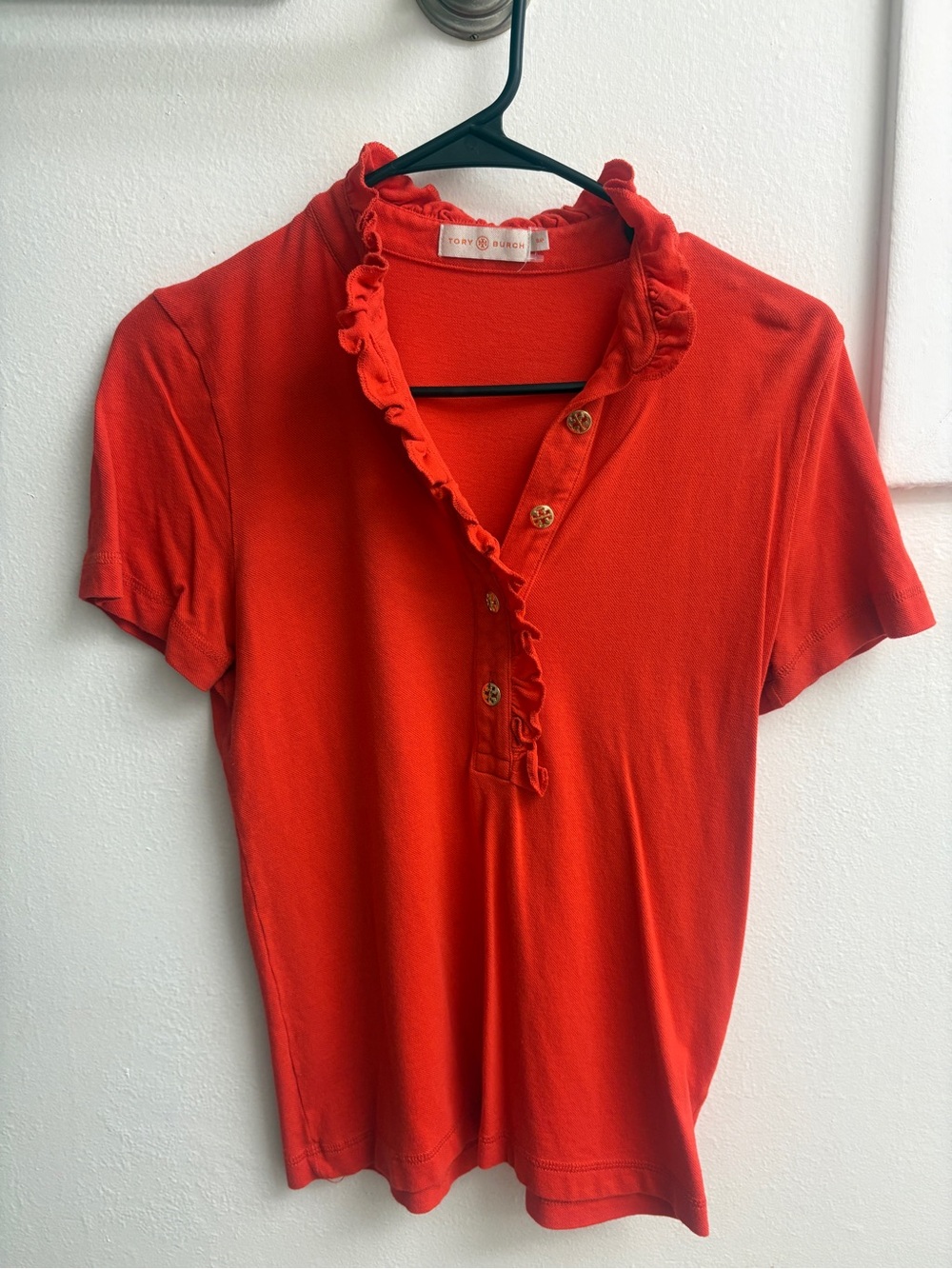 Tory Burch Red Ruffle-Trim Short Sleeve Polo